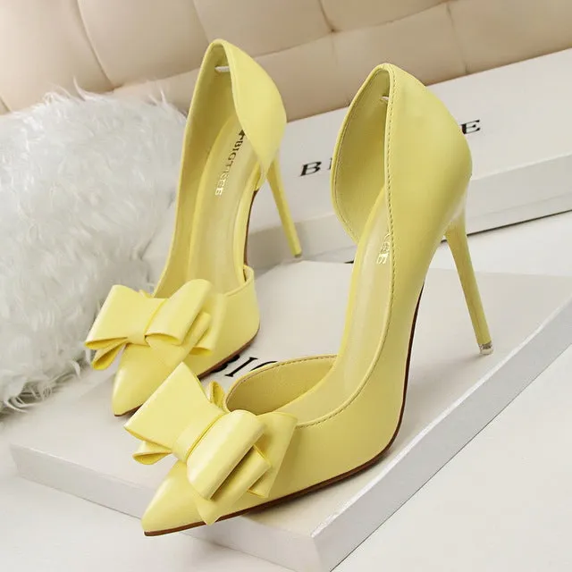 2016 fashion delicate sweet bowknot high heel shoes side hollow pointed women pumps