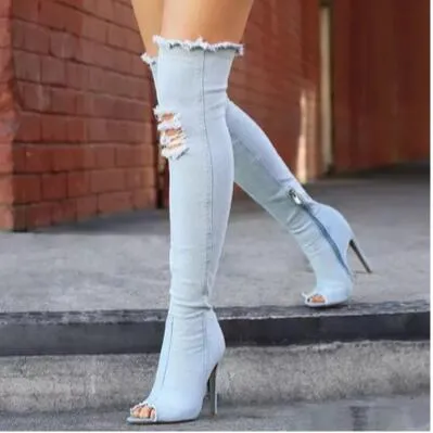 2017 Hot Women Boots summer autumn peep toe Over The Knee Boots quality High elastic jeans fashion boots high heels plus size