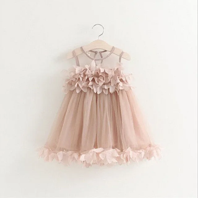 2017 Summer Mesh Vest Girls Dress Baby Girl Princess Dress Fashion Sleeveless Petal Decoration Party Chlidren Clothes