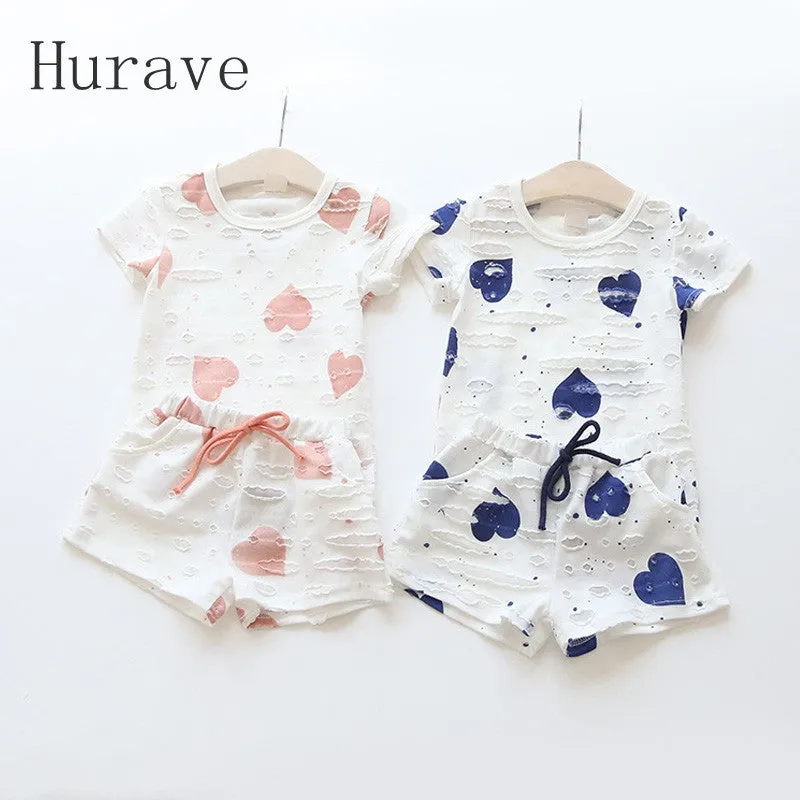 2pcs/sets,Casual Kids Clothing Baby Girls Clothes Sets Summer Heart Printed Girl Tops Shirts   Shorts Suits Children's Clothing