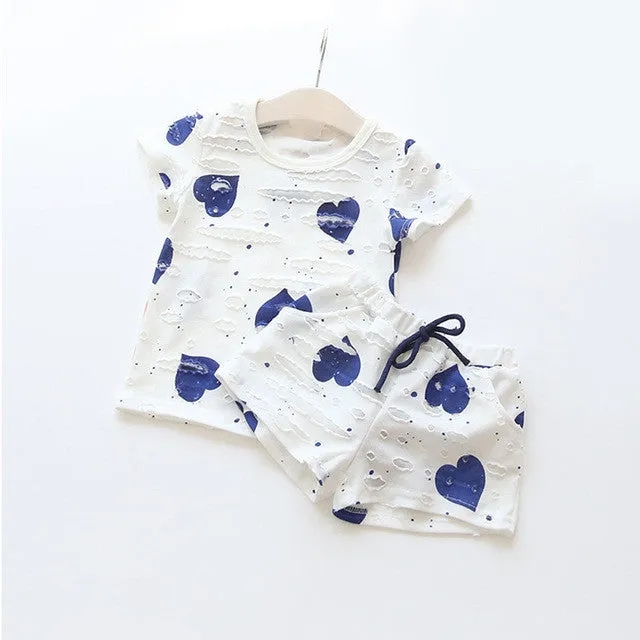 2pcs/sets,Casual Kids Clothing Baby Girls Clothes Sets Summer Heart Printed Girl Tops Shirts   Shorts Suits Children's Clothing