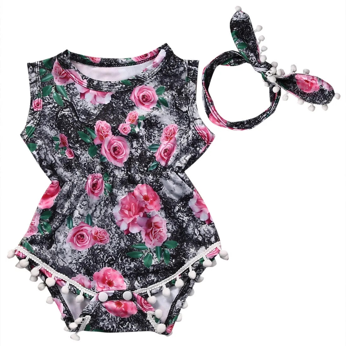 Adorable Baby Girl Clothes Floral Bodysuit One-pieces Romper Sunsuit   Headwear 2PCS Outfits Bebek Giyim Clothing Set 0-24M