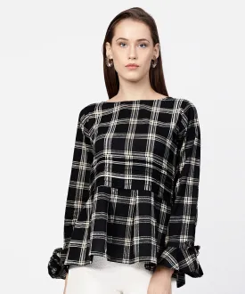 Black Check Peplum Style Tops With Flared Sleeve