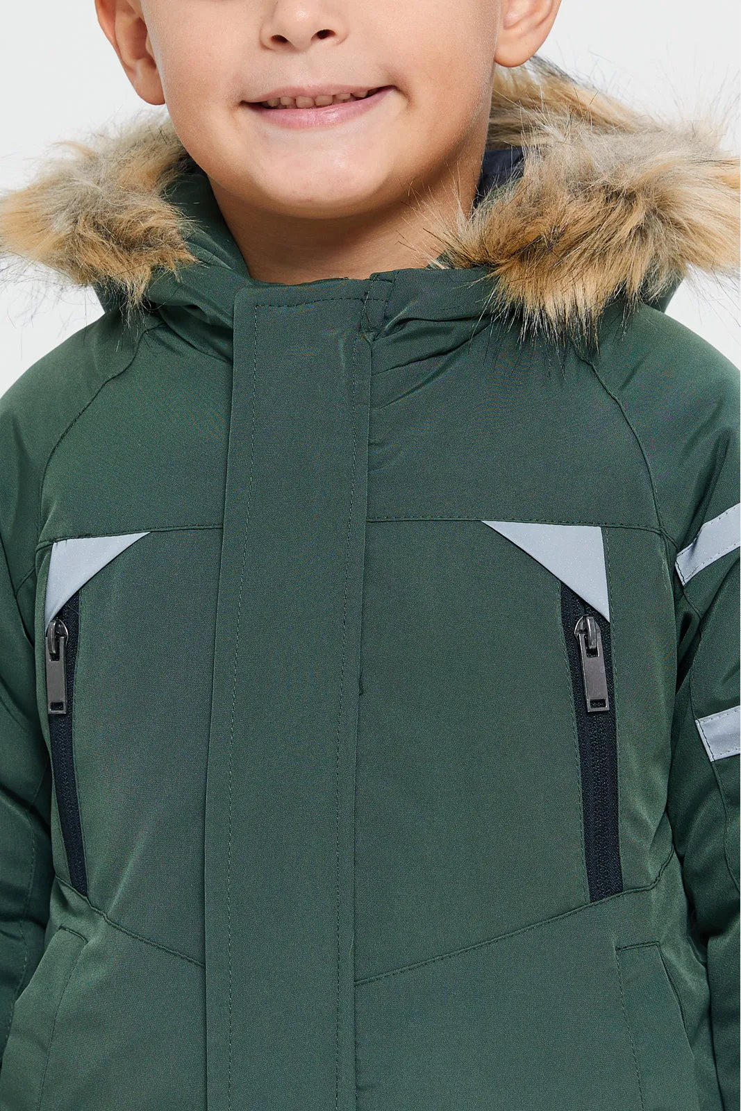 Boys Green Embellished Jacket With Fur Hooded