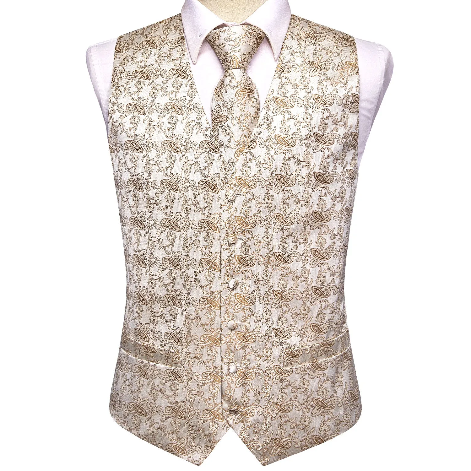 Champagne Desert Paisley Silk Men's Vest Hanky Cufflinks Tie Set Waistcoat Suit Set