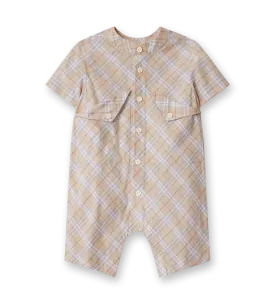 Check Cotton Playsuit Pale Stone