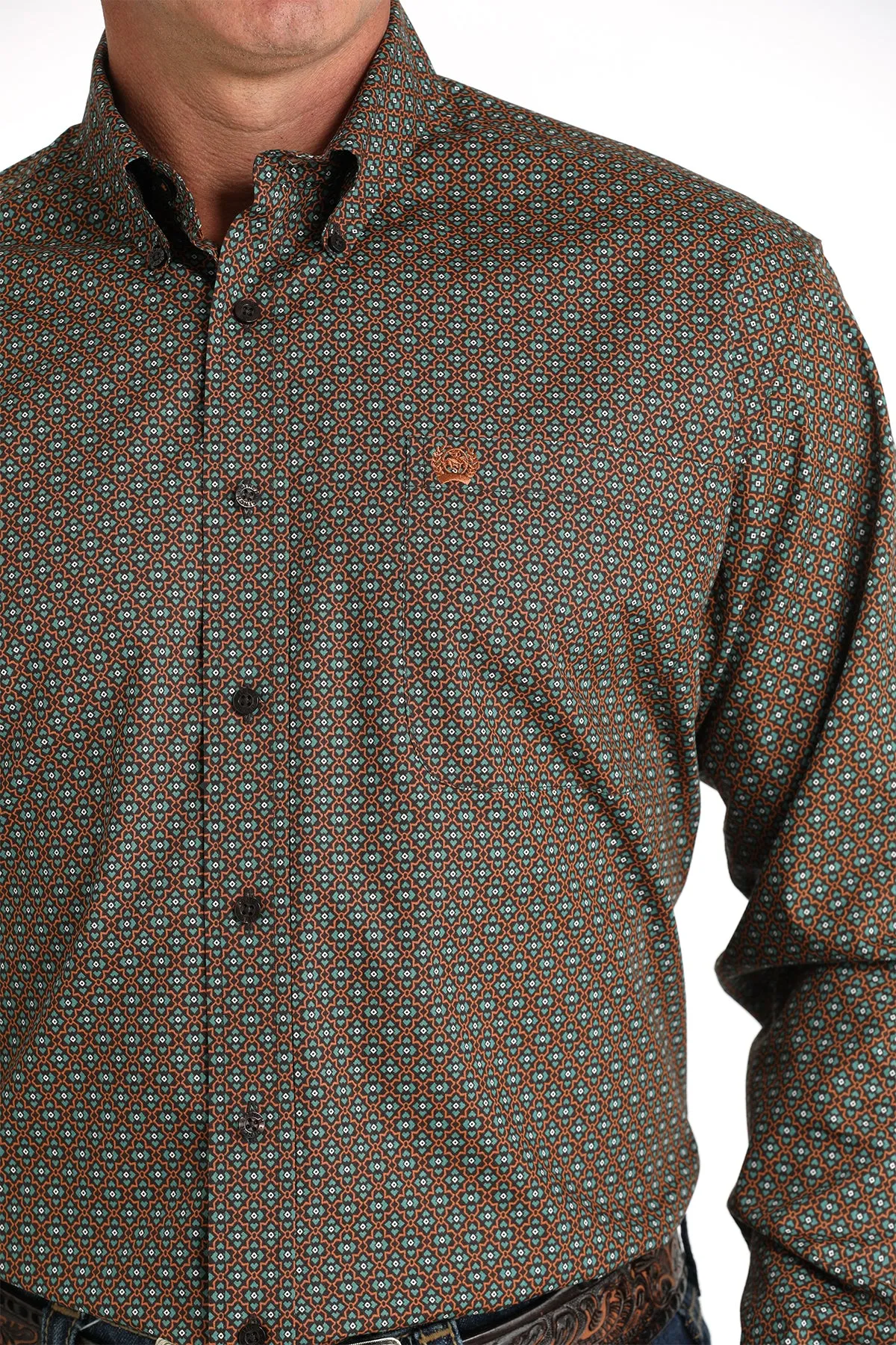 Cinch Brown Geometric Print Button-Down Shirt for Men