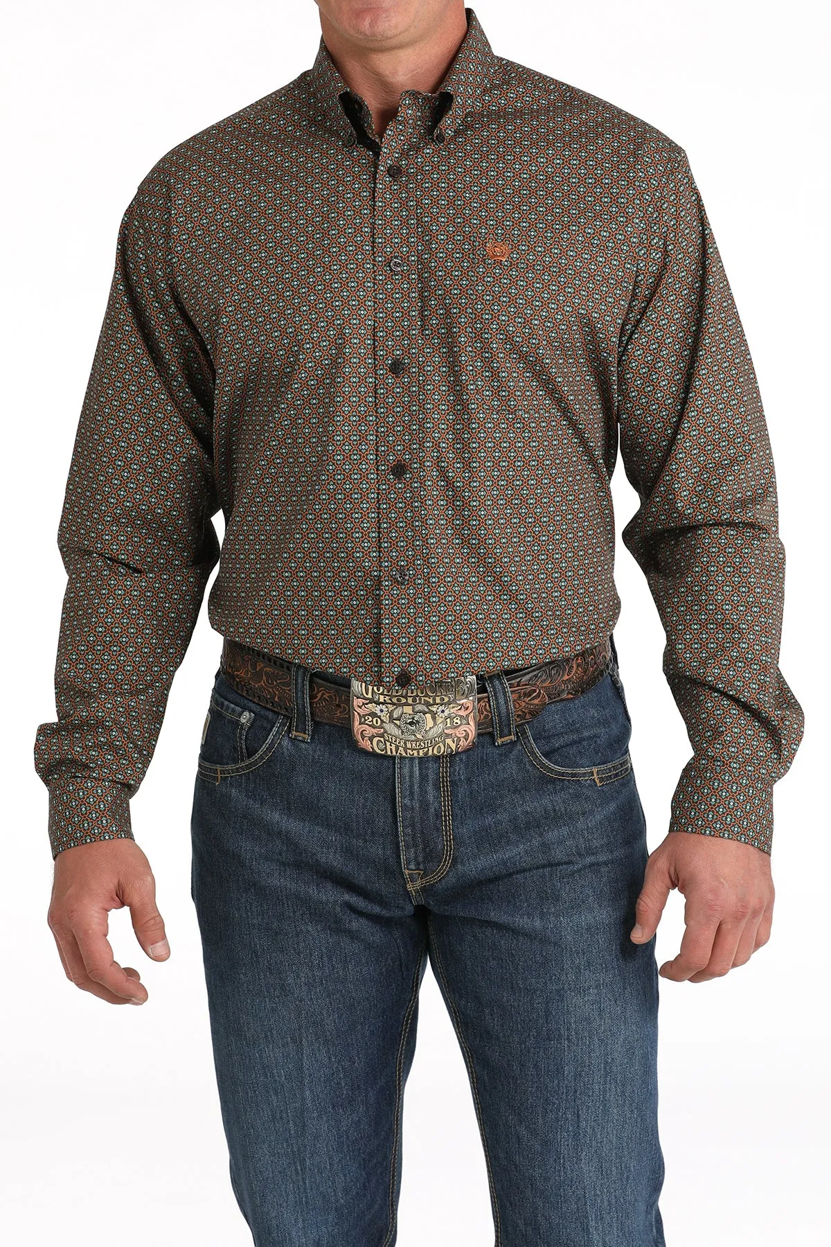 Cinch Brown Geometric Print Button-Down Shirt for Men