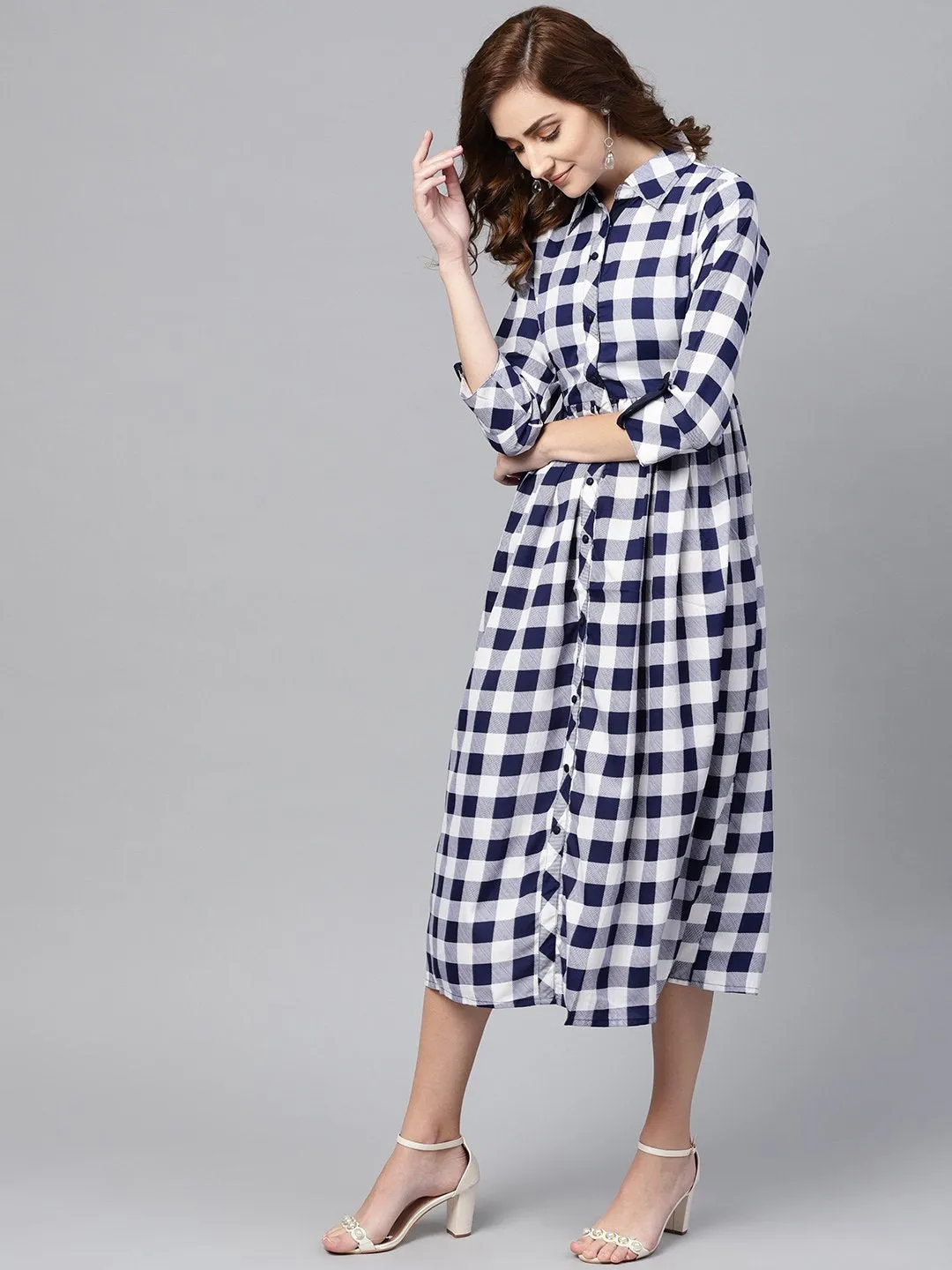 Electric Blue Checked Shirt Collar Dress With Front Placket & Cuff