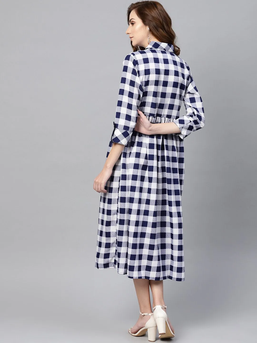 Electric Blue Checked Shirt Collar Dress With Front Placket & Cuff