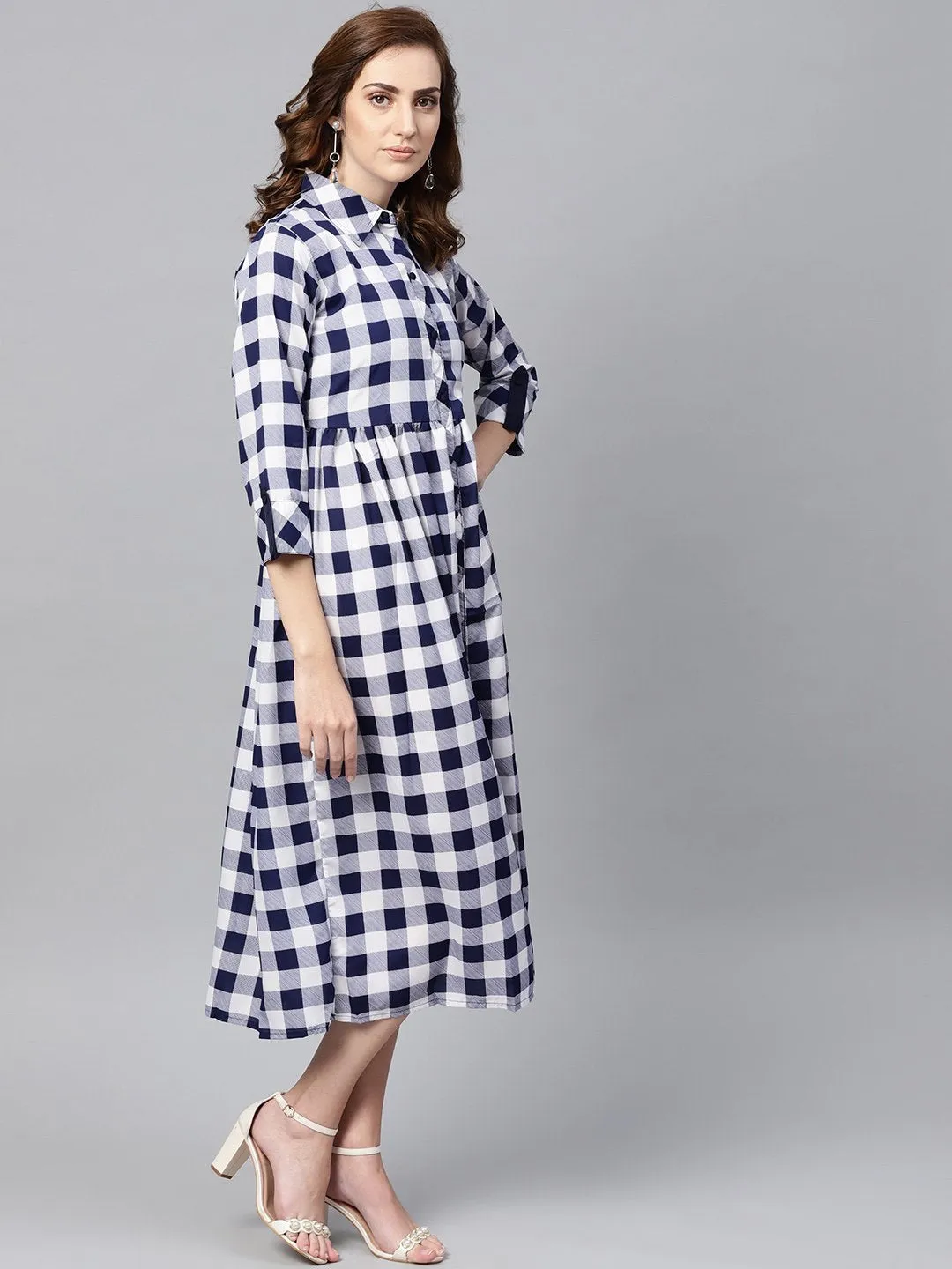 Electric Blue Checked Shirt Collar Dress With Front Placket & Cuff