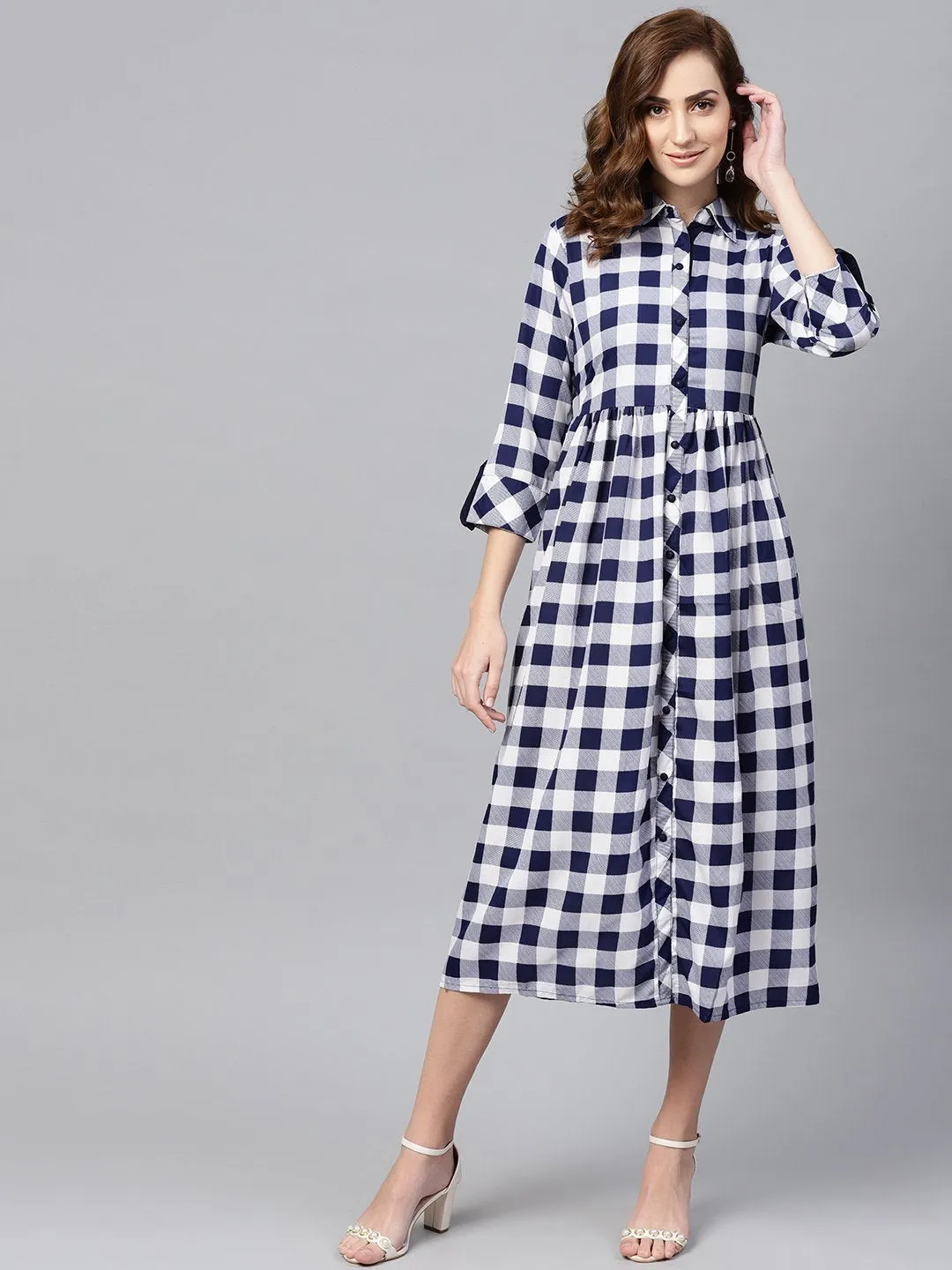 Electric Blue Checked Shirt Collar Dress With Front Placket & Cuff