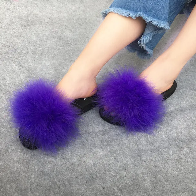 Fur Flip Flops Women Ostrich Home Slippers Female Sweet Wedges Sandals Beach Shoes Summer Pantufa Platform Fashion Chinelo Hot