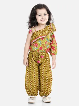 Girls Printed One Sleeve Ruffle Pure Cotton Top with Harem pant Co Ords Indo Western Clothing Sets - Green