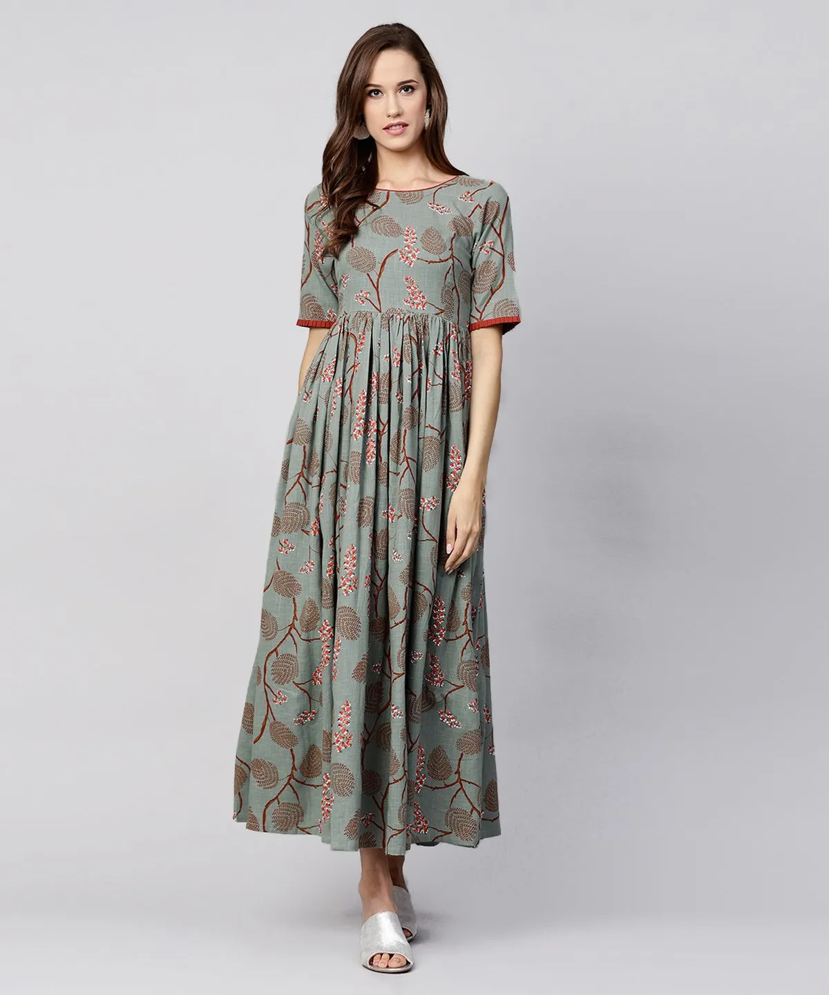 Green Printed Half Sleeve Cotton Maxi Dress