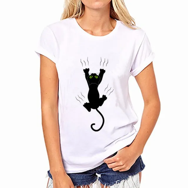 Harajuku Cat T Shirt Women 2016 Blusa Summer Fashion Cotton Printing Originality O-Neck Short Sleeve T-shirt Tops Shirt