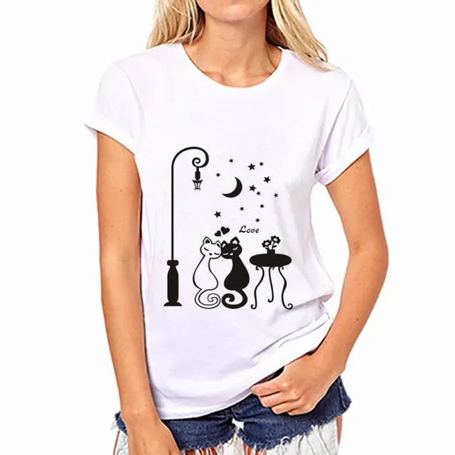 Harajuku Cat T Shirt Women 2016 Blusa Summer Fashion Cotton Printing Originality O-Neck Short Sleeve T-shirt Tops Shirt