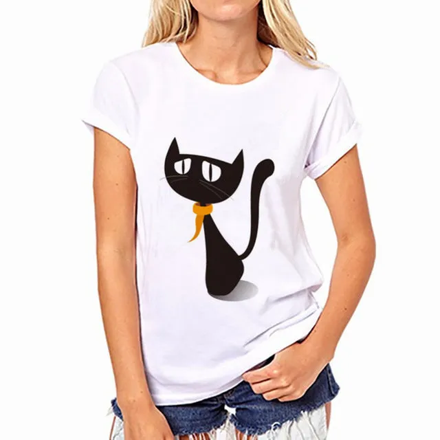 Harajuku Cat T Shirt Women 2016 Blusa Summer Fashion Cotton Printing Originality O-Neck Short Sleeve T-shirt Tops Shirt