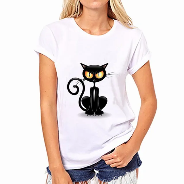 Harajuku Cat T Shirt Women 2016 Blusa Summer Fashion Cotton Printing Originality O-Neck Short Sleeve T-shirt Tops Shirt