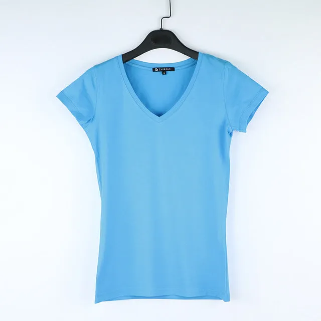 High Quality V-Neck 15 Candy Color Cotton Basic T-shirt Women Plain Simple T Shirt For Women Short Sleeve Female Tops 077