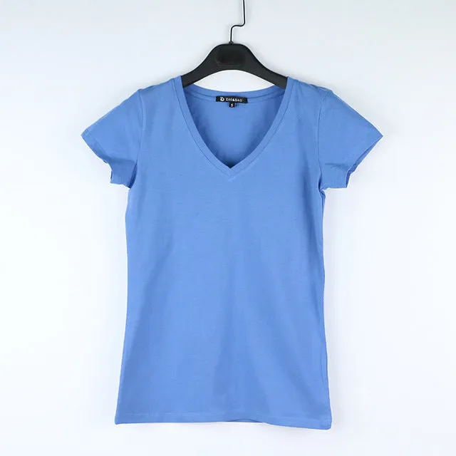 High Quality V-Neck 15 Candy Color Cotton Basic T-shirt Women Plain Simple T Shirt For Women Short Sleeve Female Tops 077