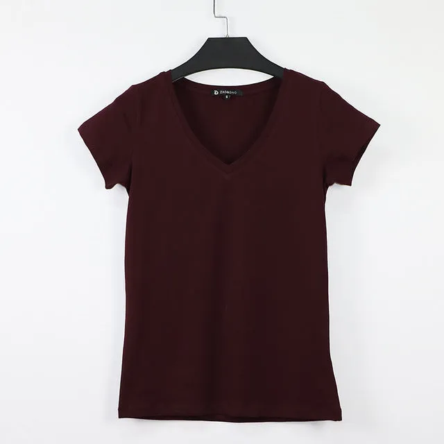 High Quality V-Neck 15 Candy Color Cotton Basic T-shirt Women Plain Simple T Shirt For Women Short Sleeve Female Tops 077