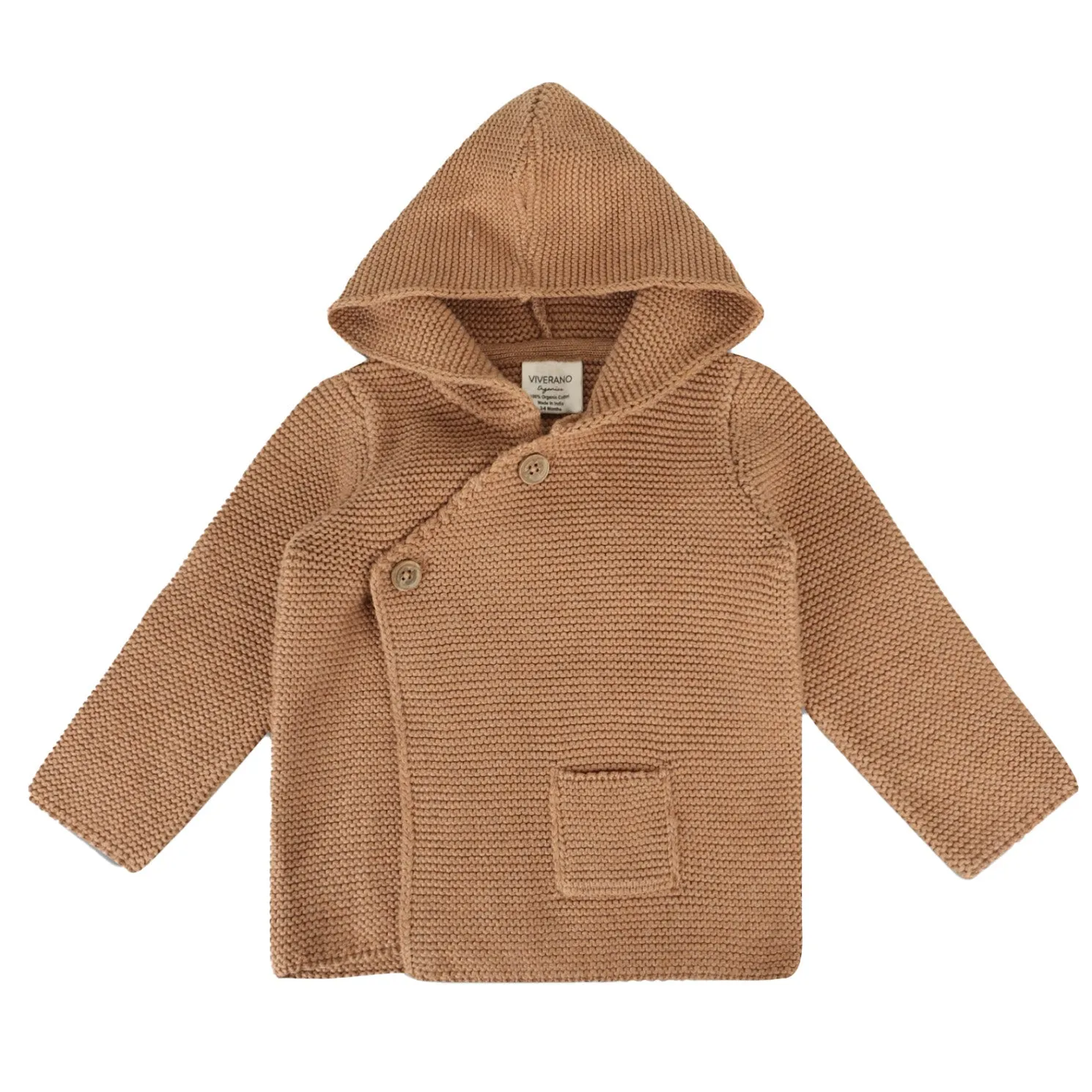 Hooded Button & Pocket Sweater Knit Baby Jacket / Chai