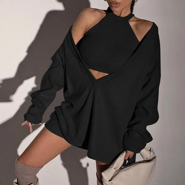 Loose Fit V-Neck Pullover Sweatshirts Set with Crop Top