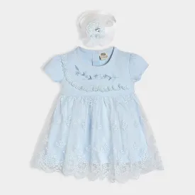 Luxe Frill Trimmed Dress with Headband Sky Blue