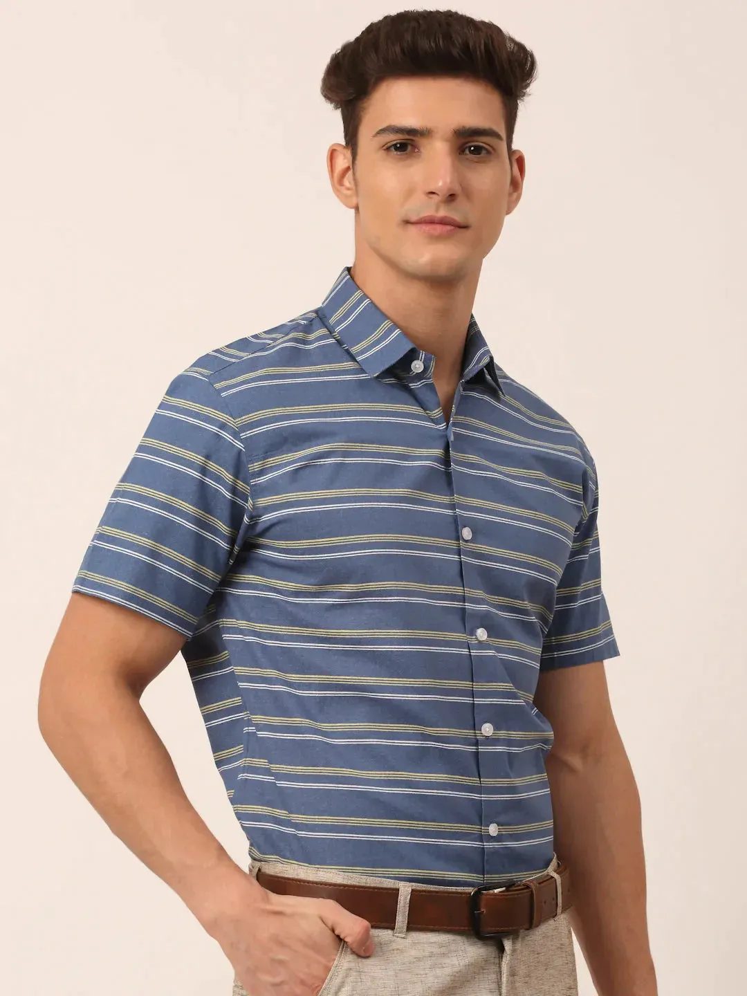 Men'S Cotton Striped Half Sleeve Formal Shirts