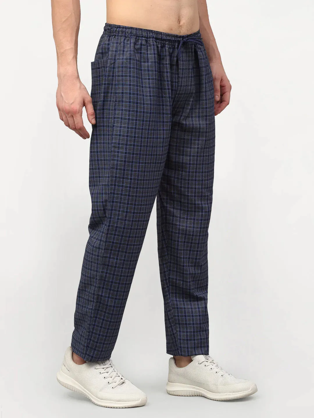 Men'S Navy Blue Cotton Checked Track Pants