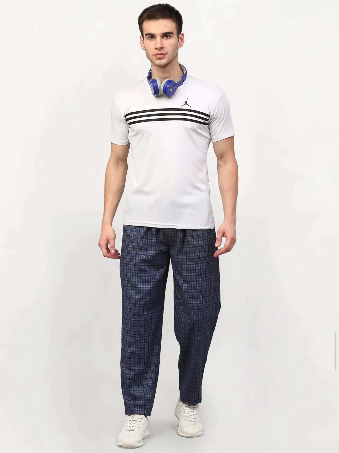 Men'S Navy Blue Cotton Checked Track Pants