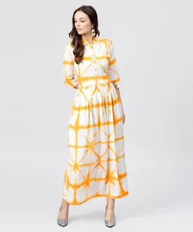 Multi Tie And Dyed Shirt Collar Maxi Dress With Box Pleats And 3/4 Sleeves