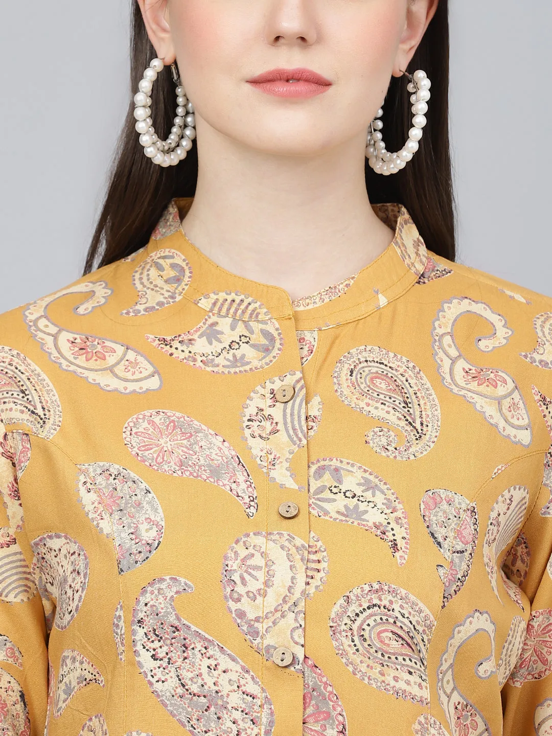 Mustard Yellow Print Mandarin Collar Roll-Up Sleeves Shirt Style Top