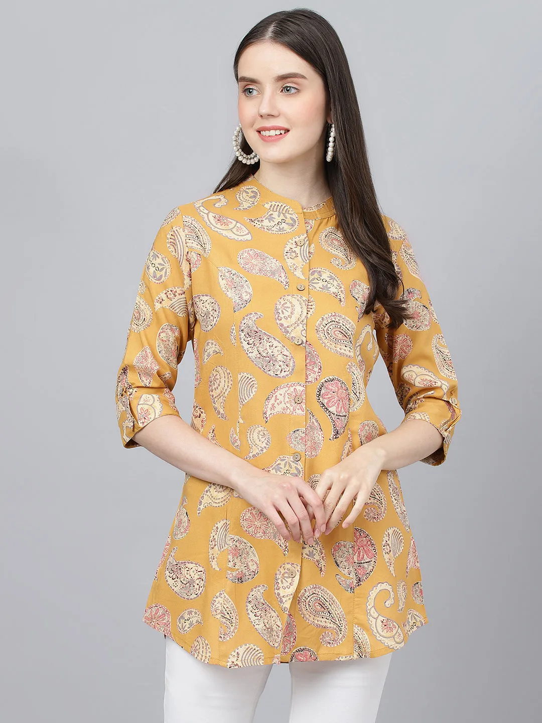 Mustard Yellow Print Mandarin Collar Roll-Up Sleeves Shirt Style Top