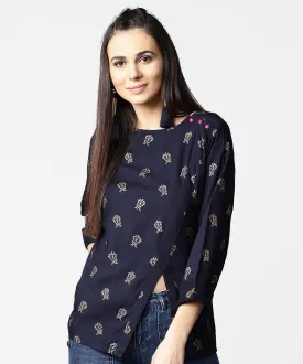 Navy Blue Full Sleeve Rayon Tops With Side Slit