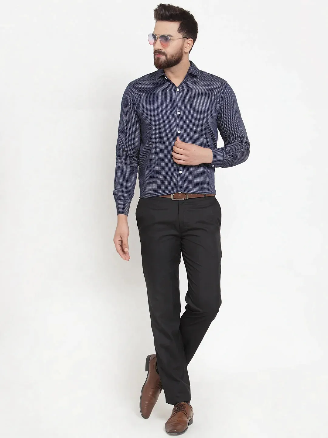 Navy Men'S Cotton Polka Dots Formal Shirts