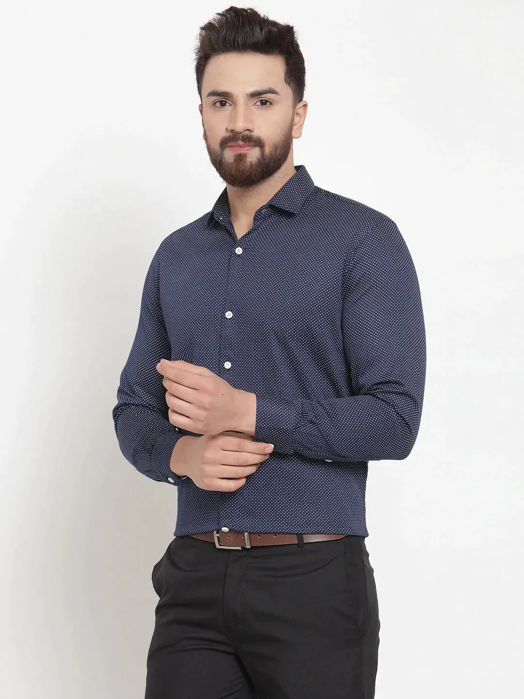 Navy Men'S Cotton Polka Dots Formal Shirts