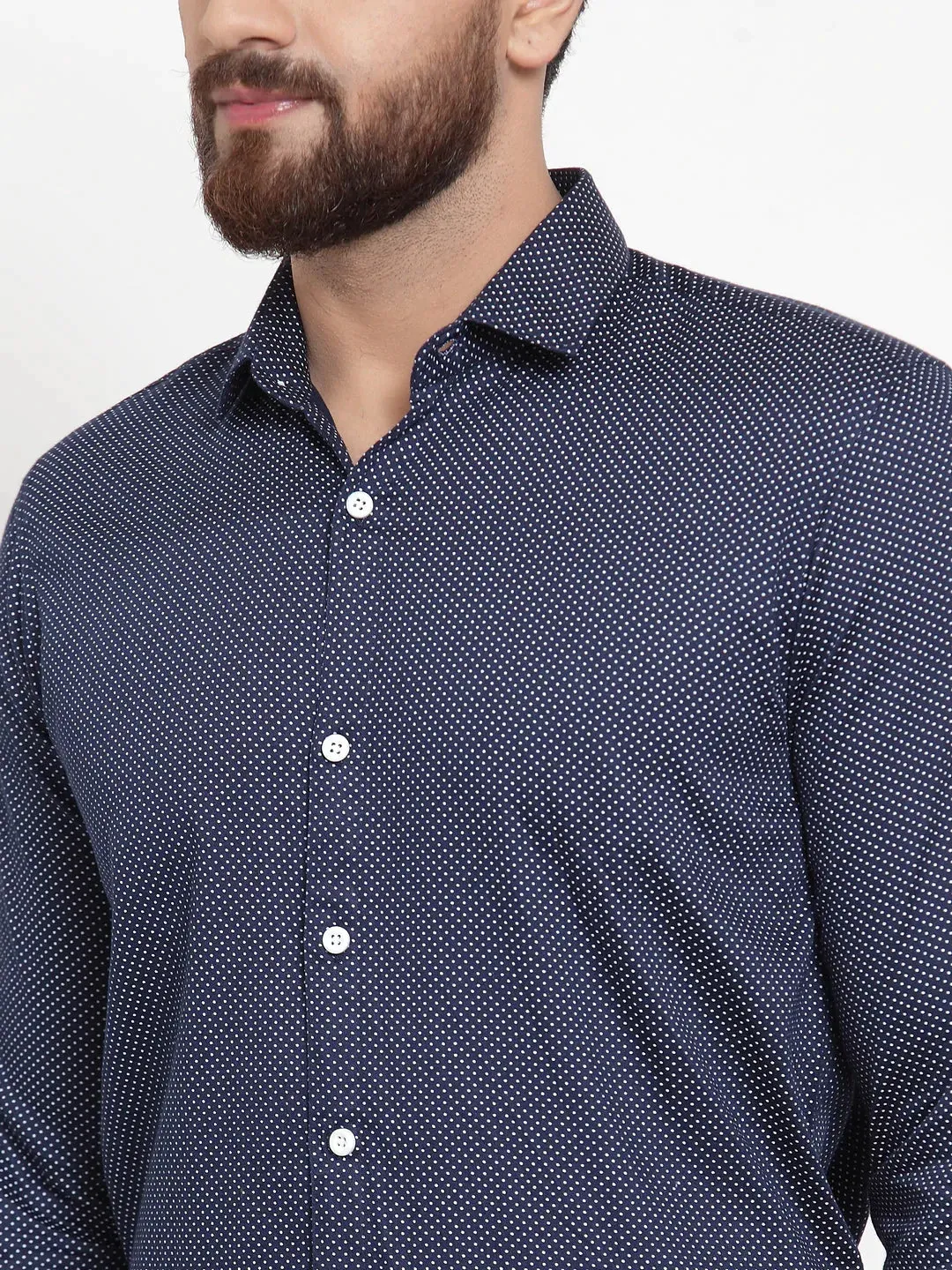 Navy Men'S Cotton Polka Dots Formal Shirts