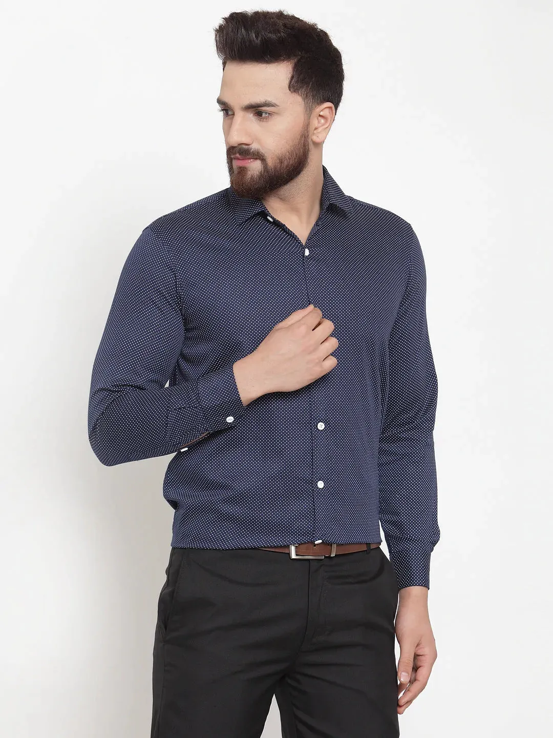 Navy Men'S Cotton Polka Dots Formal Shirts