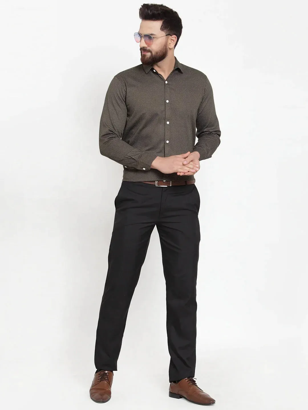 Olive Men'S Cotton Polka Dots Formal Shirts