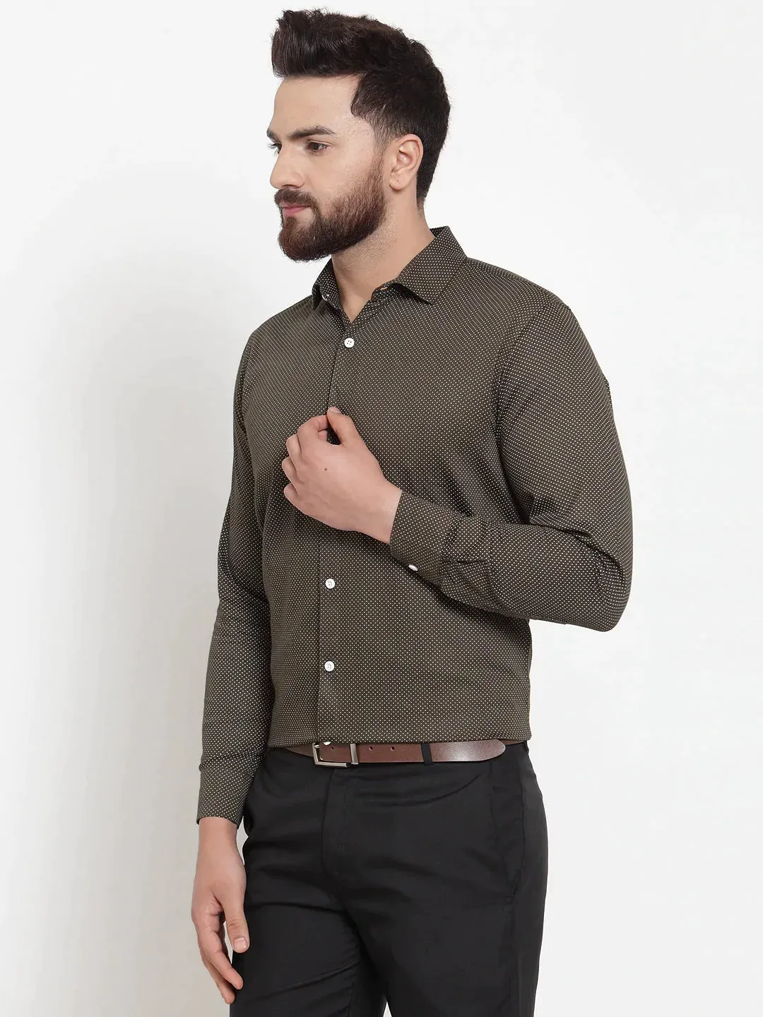 Olive Men'S Cotton Polka Dots Formal Shirts