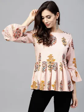 Peach Printed Top With Round Neck And 3/4 Sleeves