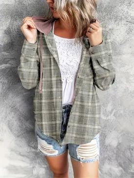 Plaid Hoodie Stylish Womens Casual Shirt with Drawstring