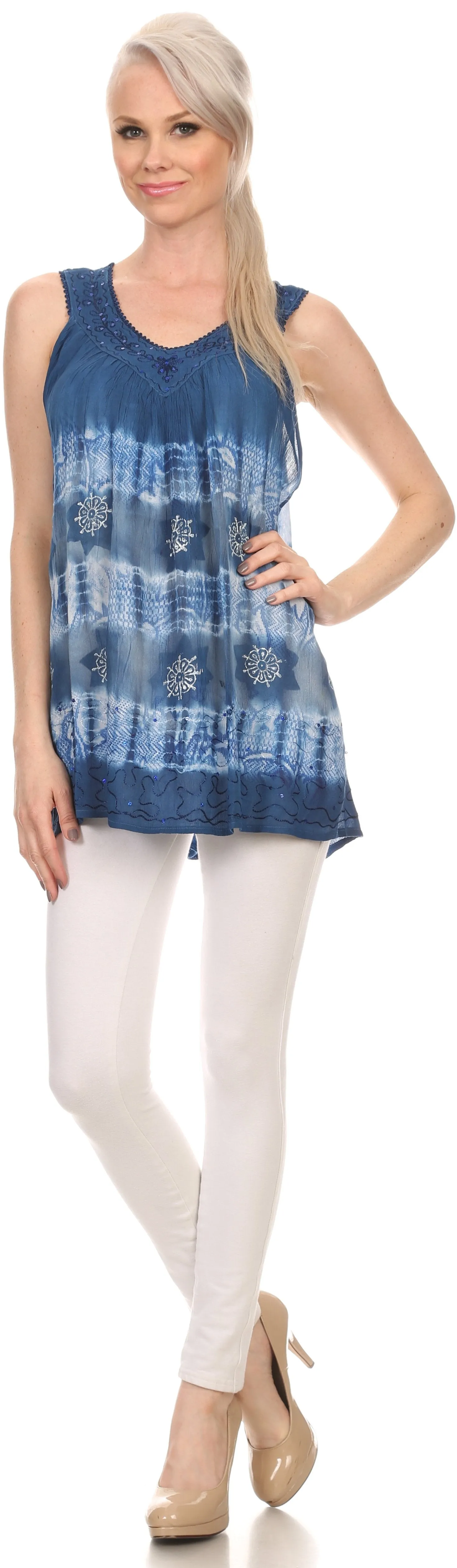 Sakkas Jalela V Neck Sleeveless Embroidered Tie Dye Tank Top Blouse Shirt Top