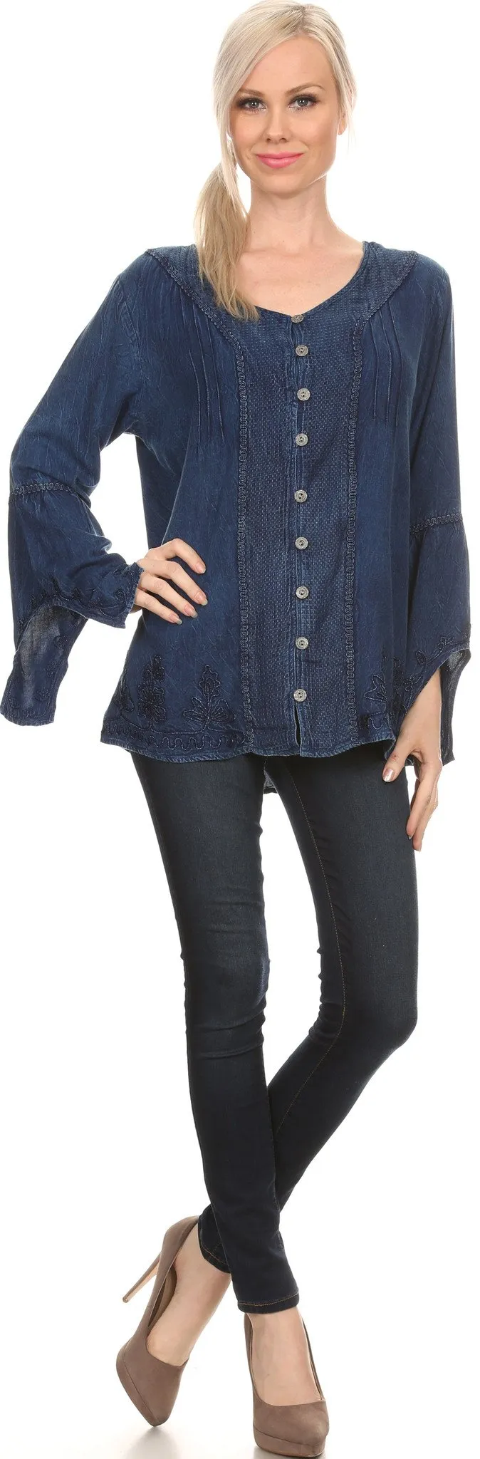 Sakkas Savannah Scoop Neck Button Down Embroiderd Long Sleeve Blouse Top/Shirt