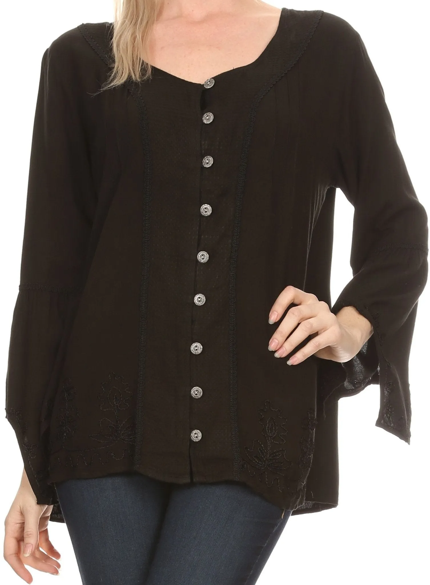 Sakkas Savannah Scoop Neck Button Down Embroiderd Long Sleeve Blouse Top/Shirt