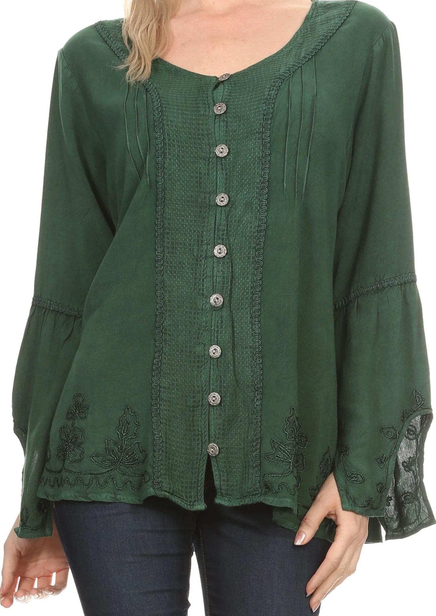 Sakkas Savannah Scoop Neck Button Down Embroiderd Long Sleeve Blouse Top/Shirt