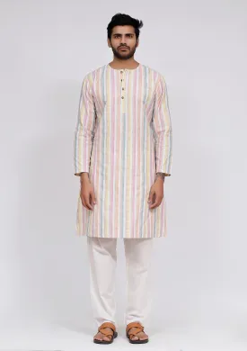 Set of 2: White Stripe Button Down Kurta and White Pajama