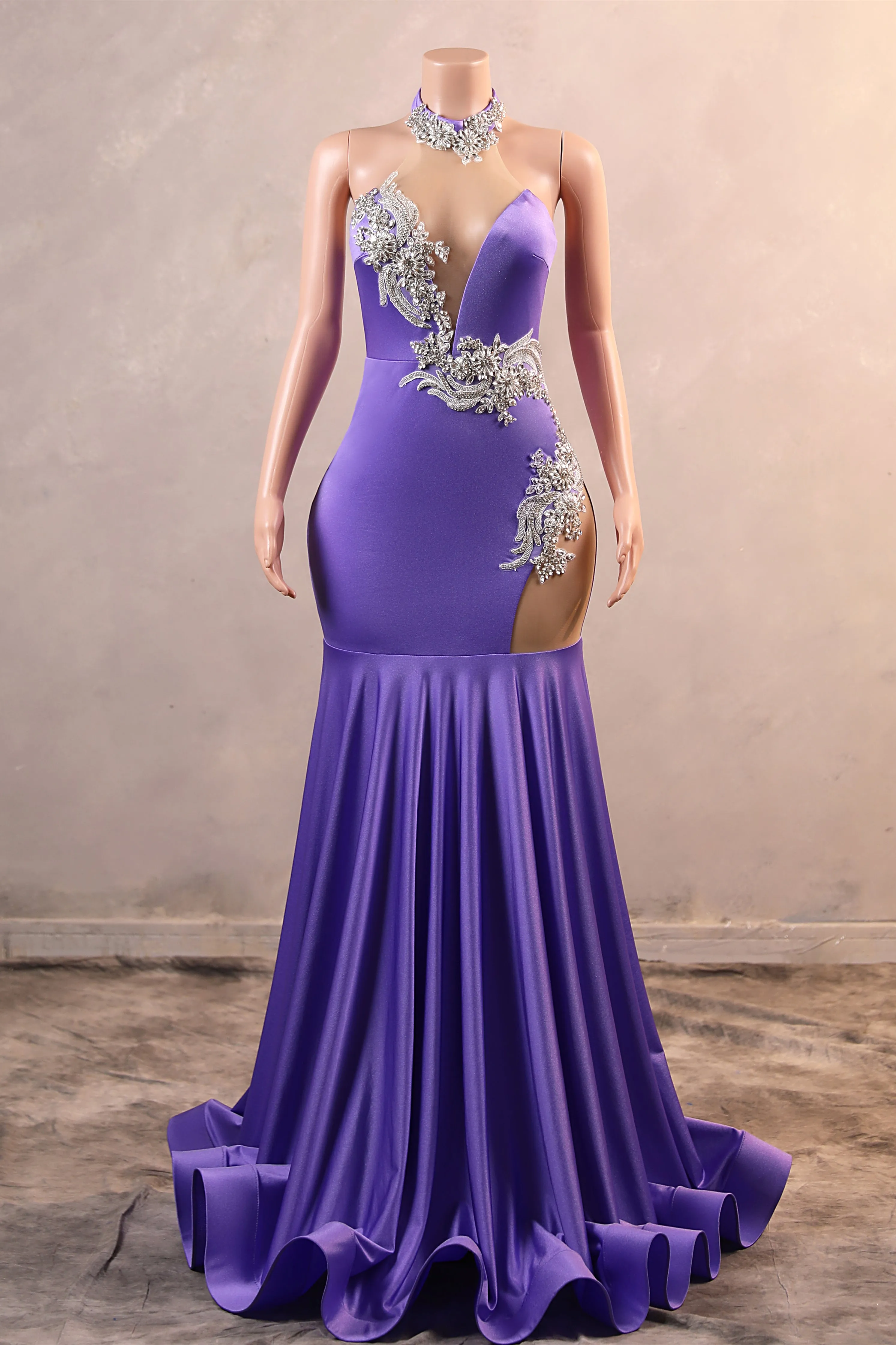 Sexy Purple Mermaid Prom Dresses Heavily Beading Women Evening Dresses Halter Neck